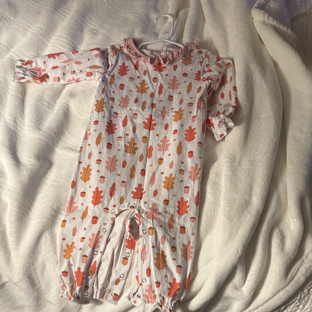 Autumn Leaf Baby Romper - Pink & Orange Leaf Print- Stitchy Fish